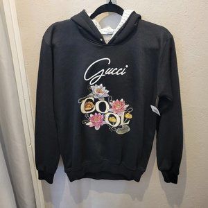 Gucci Black Pullover Hoodie with Lotus Print Design
